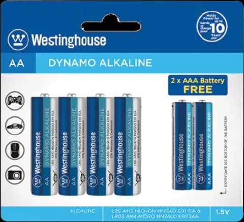باتری قلمی و نیم قلمی Westinghouse مدل DYNAMO ALKALINE 4LR6+2LR03-BP